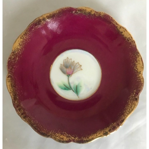 Vintage Royal Sealey Japan Porcelain Saucer Burgundy/Gold Iridescent Flower RARE - Picture 1 of 5